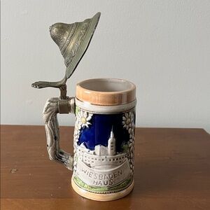 Vintage Wiesbaden Haus Ceramic Beer Stein with Decorative Lid